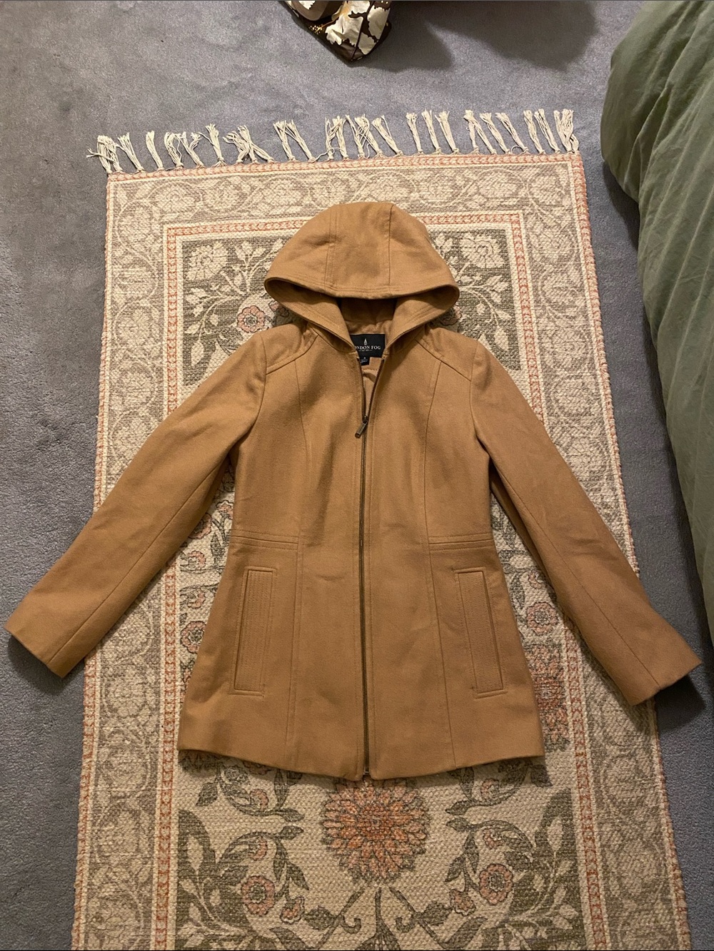London Fog Hooded Trench Coat in Camel Brown